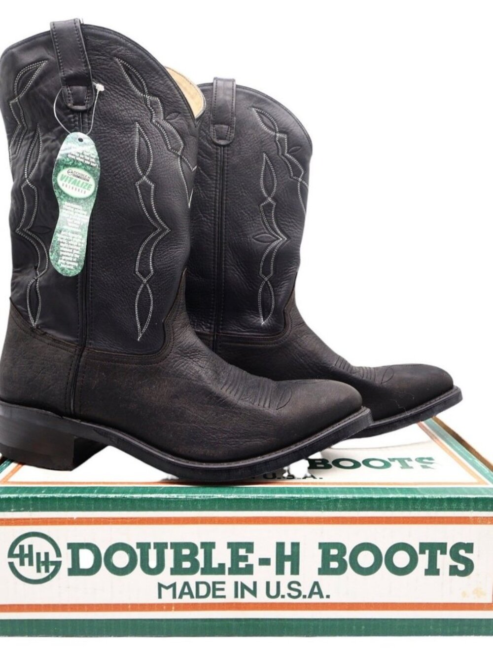 Double-H Vintage 90s Black Leather Western Boots Mens 12EE NIB